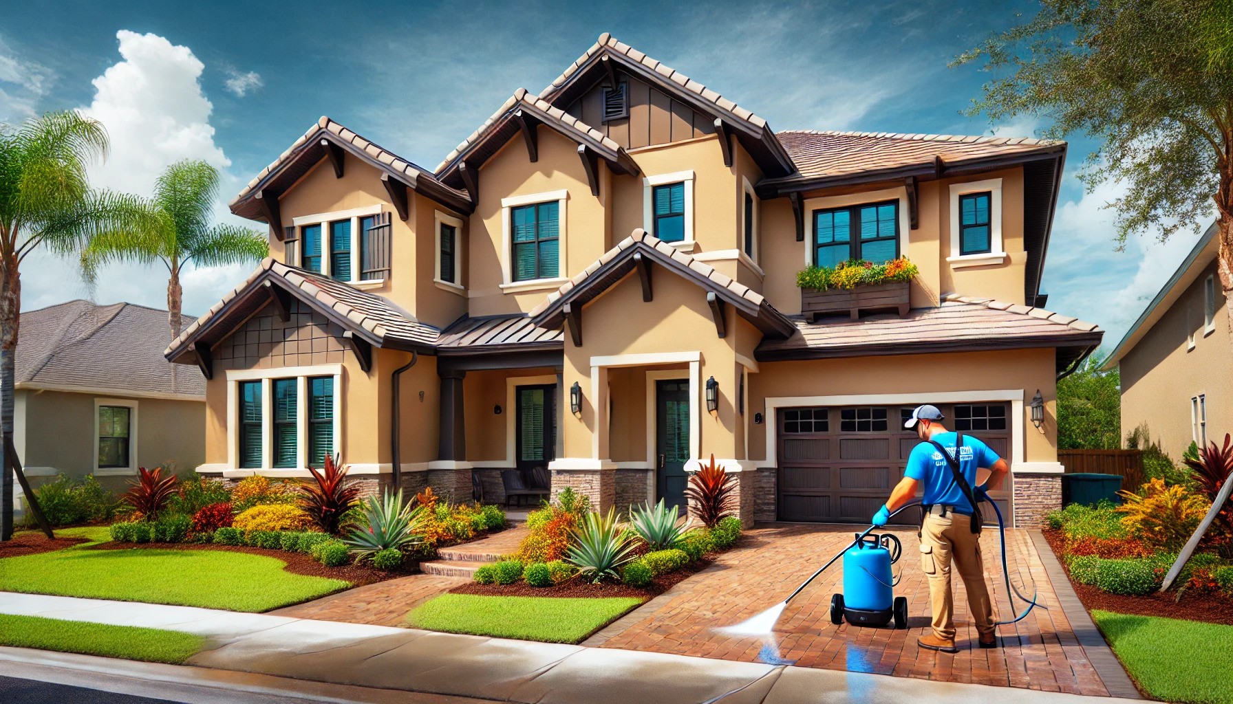 Exterior shot of a home with a person pressure washing the driveway